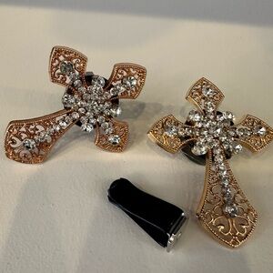 Elegant Gold and Crystal Cross Vent Clips - set of 2